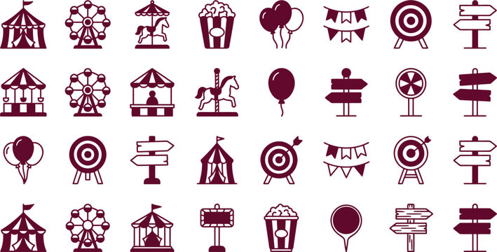 Amusement park icon set, carnival and fairground symbols vector, circus entertainment elements for event planning and maps