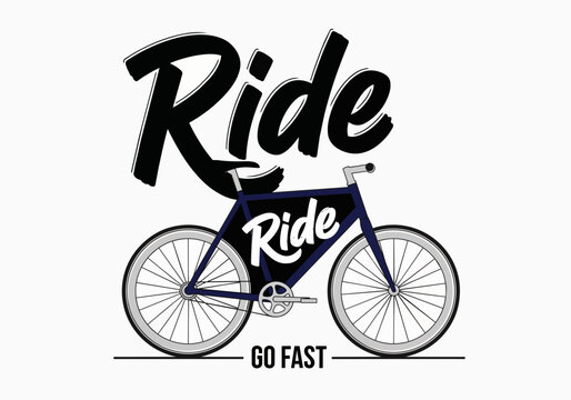 Stylized blue bicycle graphic with 'Ride' text overlay and 'Go Fast' slogan, isolated on transparent alpha, concept for cycling brands, sports apparel and active lifestyle advertising.