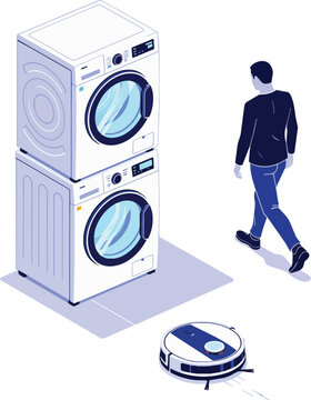 Stacked modern washing machines and dryer with a person walking past a robot vacuum cleaner, isometric view, concept for home appliances, automation and smart living solutions.