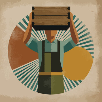 Stylized person carrying wooden crate overhead with graphic radial background, concept for logistics, delivery services and agriculture delivery.