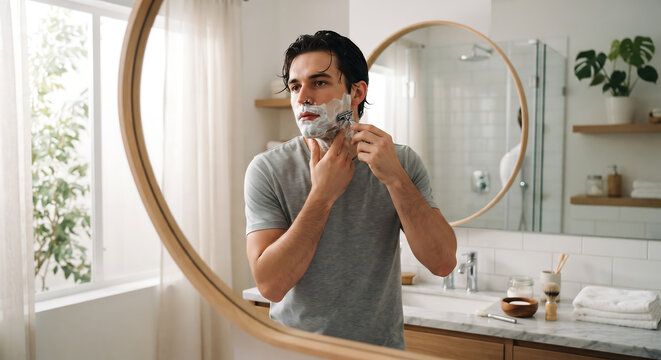 Morning Ritual Grooming: A man confidently shaves his face with a razor and foam in a brightly lit bathroom, reflecting in a large oval mirror, a moment of personal care and preparation for the day.
