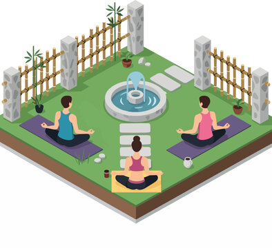 Three people meditating in a serene zen garden with a fountain and bamboo fence, isolated on transparent alpha, perfect for wellness blogs, yoga studios and meditation apps.
