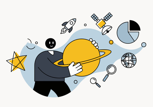 Stylized person holding Saturn-like planet with space elements, ideal for business concepts, innovation and global strategy.