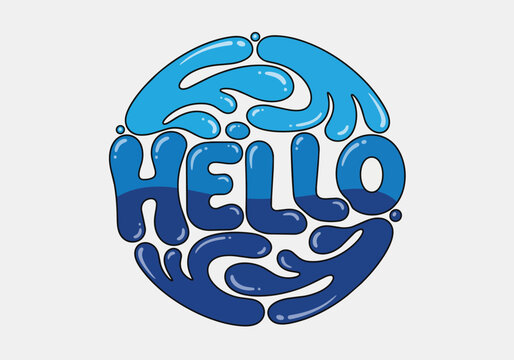Vibrant blue "HELLO" lettering with water splash effect, isolated on transparent alpha, ideal for greeting cards, summer promotions and graphic design elements.