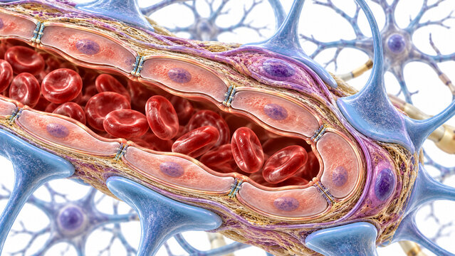 Blood Brain Barrier in Cerebral Capillary with Endothelial Cells, Tight Junctions, Astrocyte End Feet and Pericytes