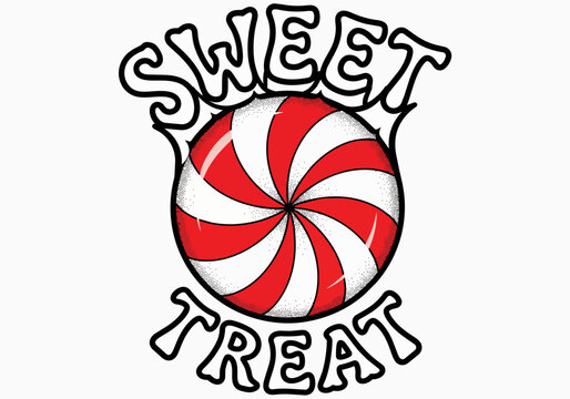 Vibrant red and white striped candy with 'Sweet Treat' text, isolated on transparent alpha, ideal for food advertising, bakery promotions and dessert branding.