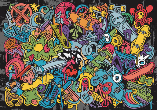 Vibrant graffiti art with skateboards and abstract shapes, detailed and colorful, perfect for youth culture promotion, urban design and advertising.