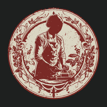 Vintage circular emblem with person in apron working on wood, floral ornate frame, concept for craftsmanship, artisan goods and woodworking.