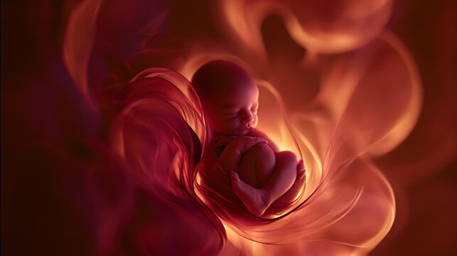 Sleeping human fetus floating gracefully within a glowing red abstract womb