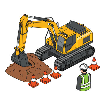 Yellow excavator digging a pile of earth with safety cones and worker, isometric view, perfect for construction sites, engineering projects and heavy machinery advertising.