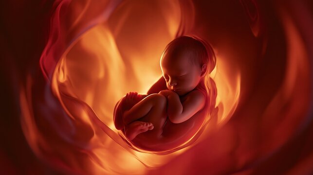 Human fetus developing peacefully inside the warm glowing womb environment