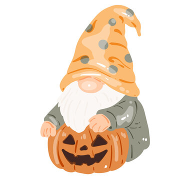 Cute Halloween gnome illustration set with spooky elements, pumpkins, ghost, and witch hat