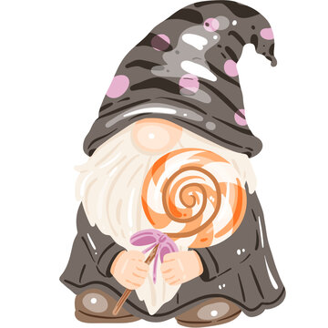 Cute Halloween gnome illustration set with spooky elements, pumpkins, ghost, and witch hat
