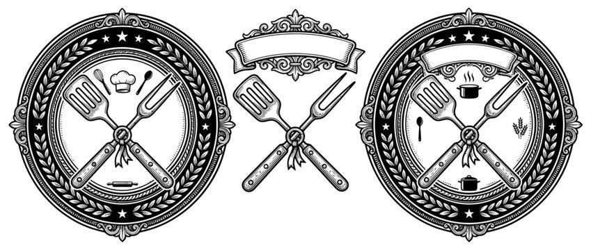 Vintage Cooking Utensils Emblem with Laurel Wreath Isolated