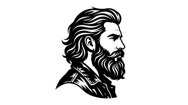 Stylized black and white illustration of a bearded man with long hair.