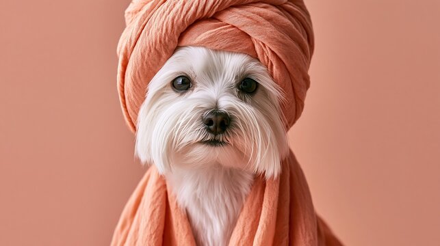 Adorable white maltese dog wearing a soft peach colored headwrap