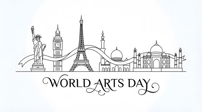 World arts day illustration featuring famous landmarks in a sketched monochrome style