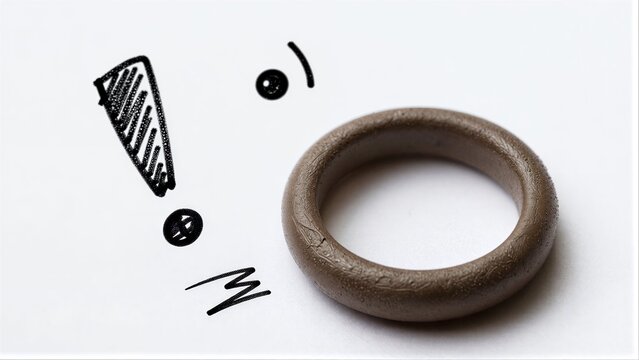 Brown ring beside hand-drawn exclamation mark and sound effects on white background.