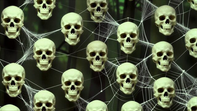 Skulls and spiderwebs create eerie, repeating Halloween pattern with ghostly green tint.