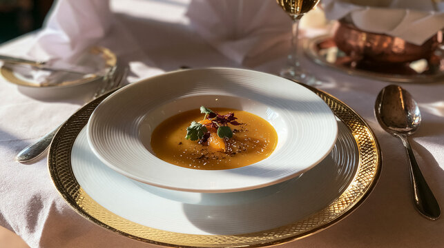 Exquisite orange soup appetizer presented on a beautifully set table, highlighting a luxurious and sophisticated gourmet meal
