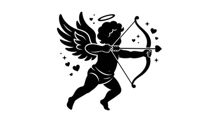 Fototapeta premium Black and white silhouette illustration of Cupid holding a bow and arrow for Valentine Day.