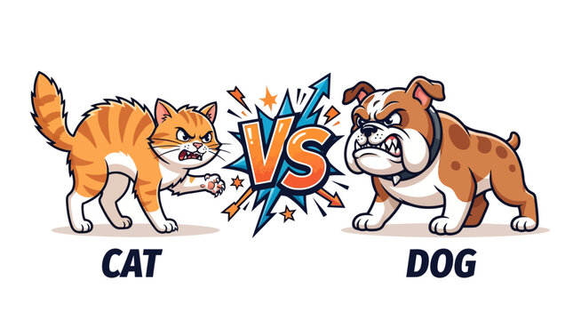 Illustration showing an angry cat and a bulldog facing each other in a versus conflict.
