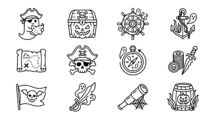 Fototapeta premium Pirate Ghost Icons Set: Treasure Map, Skull, Anchor, Compass, Spyglass