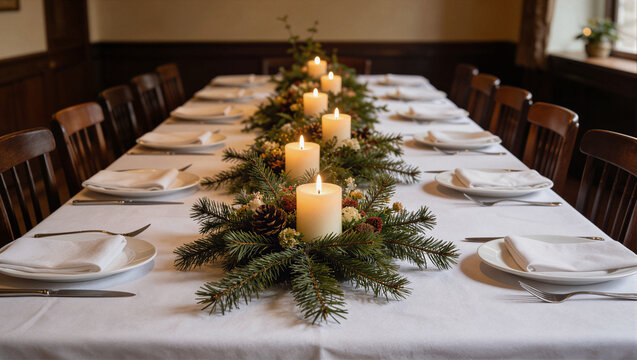 Formal dining table set with white plates, an evergreen garland and lit white pillar candles