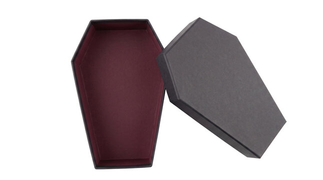 Open black coffin with burgundy lining isolated on transparent background png