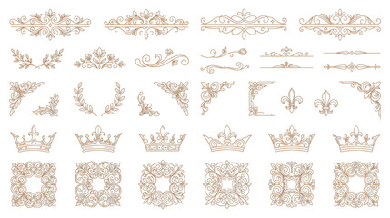 Elegant gold line border corners crowns and vintage frame set. © abedin