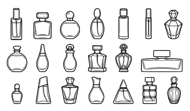 Perfume and Fragrance Bottle Icon Set Featuring Various Glass Spray Flacons, Cologne Vials, and Luxury Cosmetic Containers for Beauty and Fashion Branding