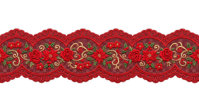Vintage red lace border with floral embroidery, elegant rose trim for textile design, decorative scalloped fabric ribbon with gold swirls isolated PNG with Transparent Background