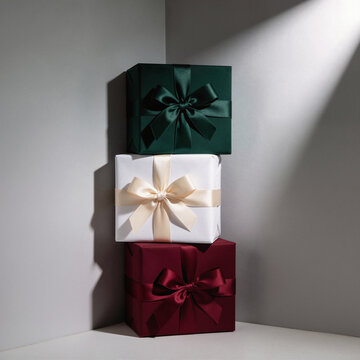 Stack of three gift boxes in green, white and burgundy with satin ribbon bows