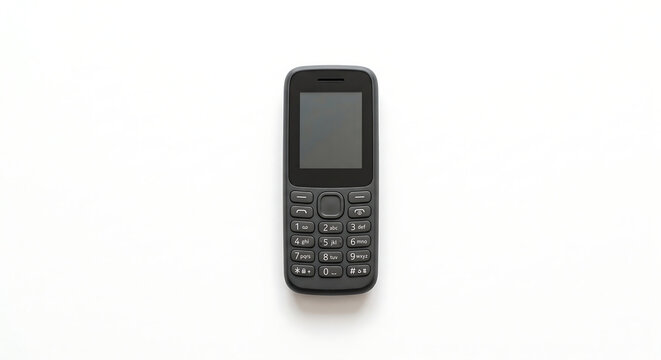 Basic Mobile Phone: A simple, black mobile phone with a keypad and a blank screen, isolated on a plain white background, representing straightforward communication.