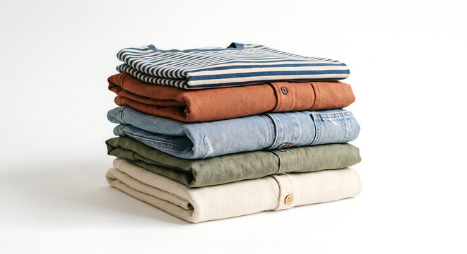 Neatly Folded Apparel Stack: A visually pleasing stack of neatly folded clothes, showcasing various textures and earthy tones, arranged with precision on a plain background.