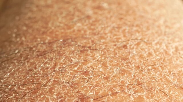 Macro close-up of dry cracked skin texture with fine hairs on a person's body motion footage