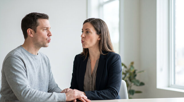 Speech-language therapist guides adult patient through communication rehabilitation exercise, supporting speech recovery, breathing control, neurological care and patient-centered therapy.