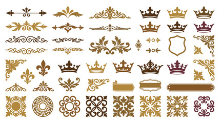 Ornate crests and medieval crown silhouettes in gold and brown. © abedin