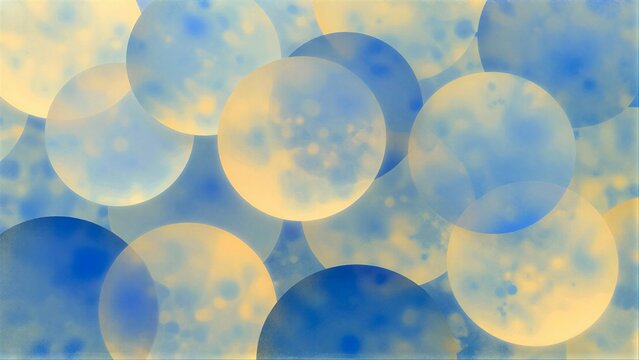 Floating blue and yellow circles overlap in a dreamy, watercolor-like abstract scene.