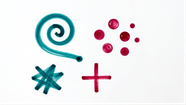 Teal swirl, pink dots, scribbles, and a plus sign on white background.