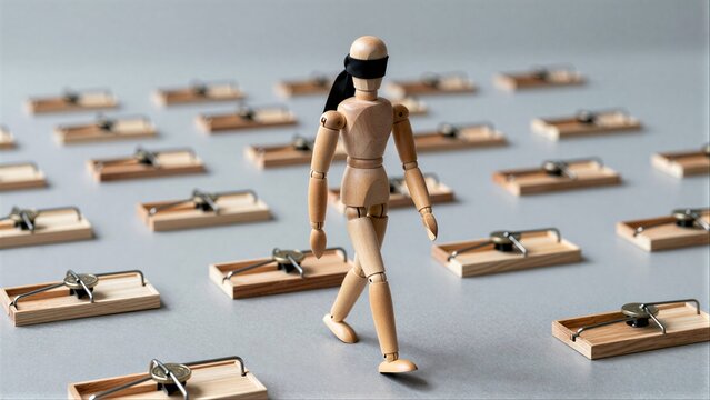 Blindfolded wooden figure walks through traps, symbolizing risk and uncertainty.