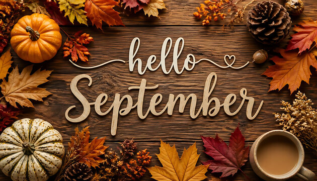 Artistic arrangement of autumn elements surrounding hello September text on wood.