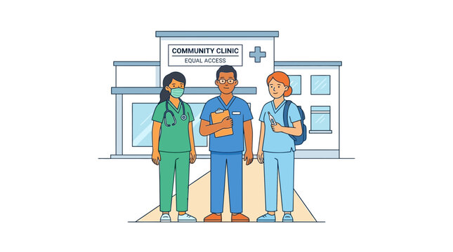 Diverse Medical Professionals Standing Before a Local Community Clinic Building