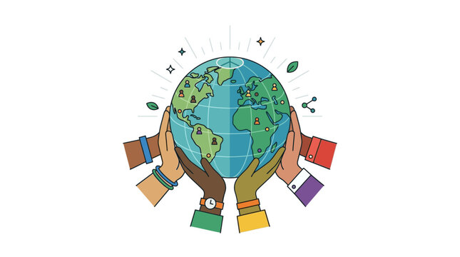 Diverse hands holding a globe for global unity concept illustration