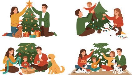 Fototapeta premium Happy Families Decorating Christmas Tree Vector Illustration Set with Parents Children and Cute Dogs Celebrating Winter Holiday Traditions at Home