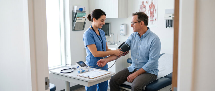 Medical assistant prepares adult patient for routine examination, checking blood pressure and vital signs to support primary care, preventive medicine, outpatient services and clinical workflow.