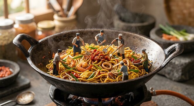 Detailed macro photograph depicting miniature tiny people figurines actively cooking spicy Indonesian traditional fried egg noodles known as Mie Balap Medan inside a rustic wok.