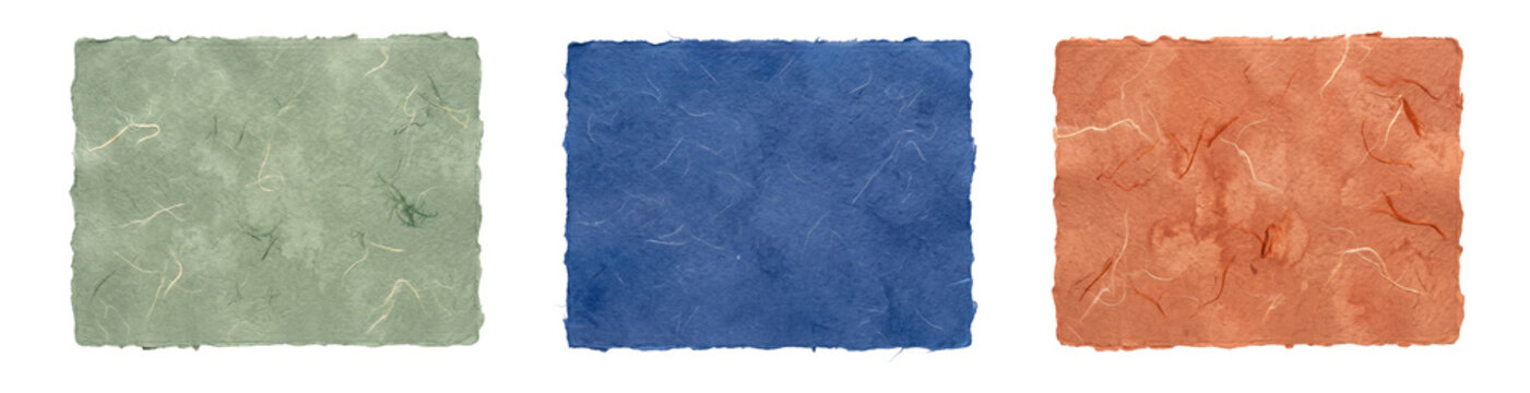 Handmade Paper Texture Swatches Isolated On Transparent in Sage Green, Deep Blue and Terracotta Orange for Branding, Packaging, Stationery, Craft and Creative Design
