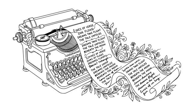 Vintage Typewriter with Flowing Poem and Floral Accents, Isolated