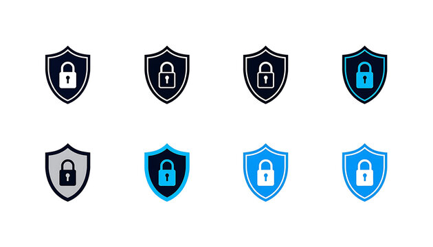 Cybersecurity shield icons with padlocks, 4 vector security symbols for data protection, black and blue privacy guard graphics.